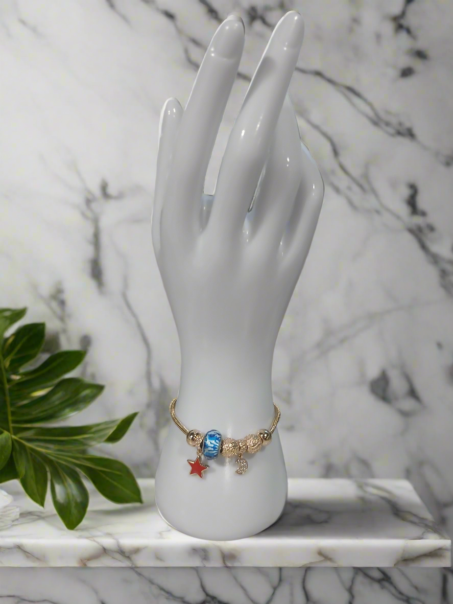 Pulsera Nocturna – Pandora Style con Dijes Luna & Estrella